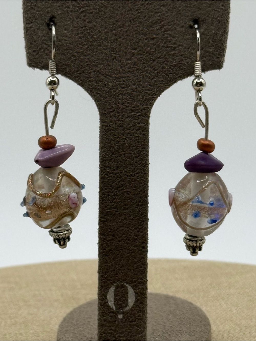 Handmade wedding cake Glass Bead Dangle Earrings - Purple and Tan